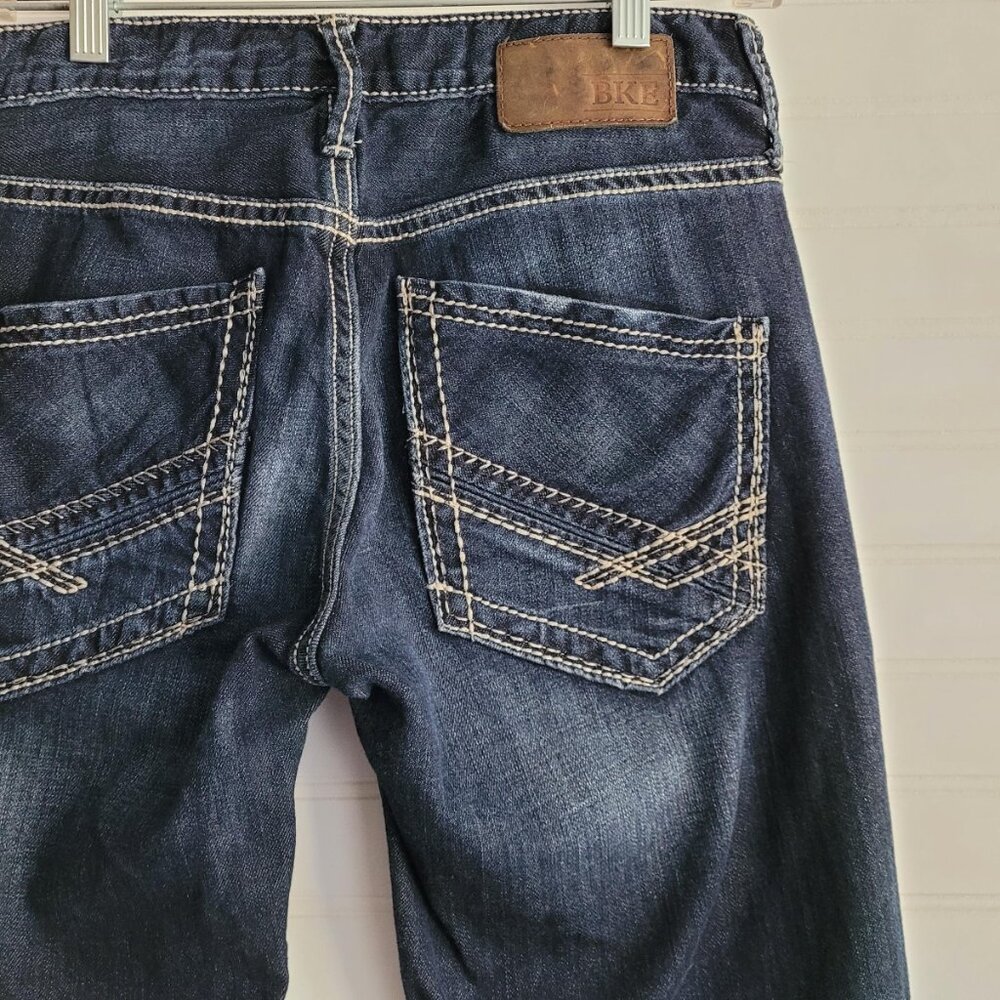 BKE Mens Jeans Size 29R Jake Dark Wash Straight Distressing Heavy Stitching - Picture 7 of 12